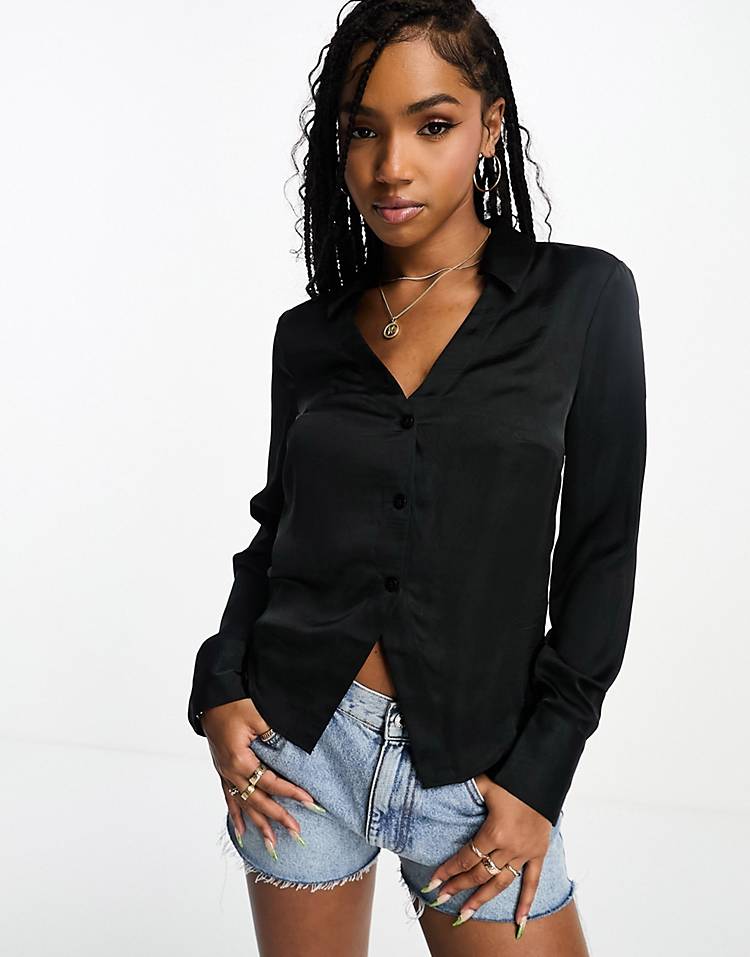 Monki textured shirt in black